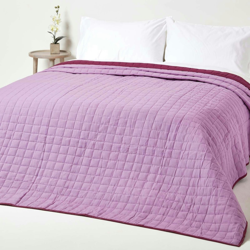 image 1 of Homescapes Cotton Quilted Reversible Bedspread Lavender Purple - 200 x 200 cm | Purple