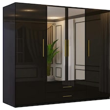 Modern 4-Door High Gloss Wardrobe with Soft-Close Mirrors, Gold Accent Handles, Drawers & Shelves – 160cm Wide Black | Black160cm