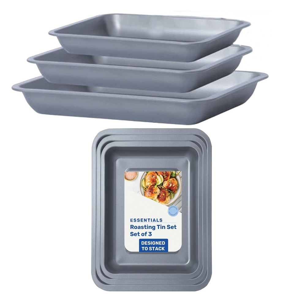 image 1 of Non-Stick Space Saving 3 Piece (35cm x 31cm x 28cm) Roaster Baking Tray Set Silver