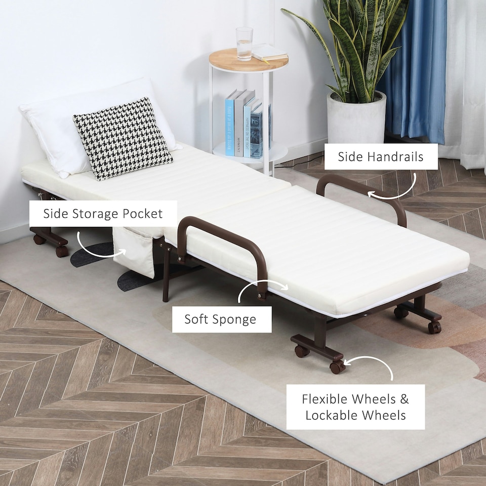 image 1 of HOMCOM Folding Bed with Mattress & Wheels, Adjustable Backrest Guest, White