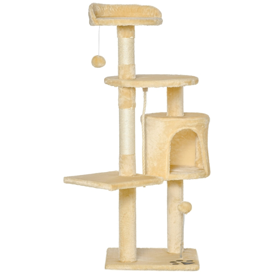 image 1 of PawHut Pet Activity Centre Cat Tree Condo with Scratching Post 4-Tier Beige