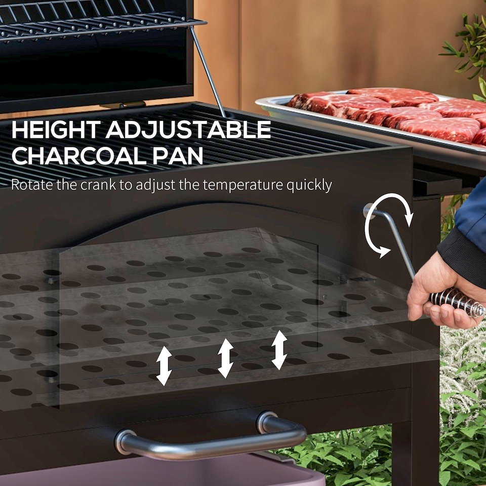 image 1 of Outsunny Charcoal Grill BBQ Trolley  Adjustable Charcoal Height & Thermometer