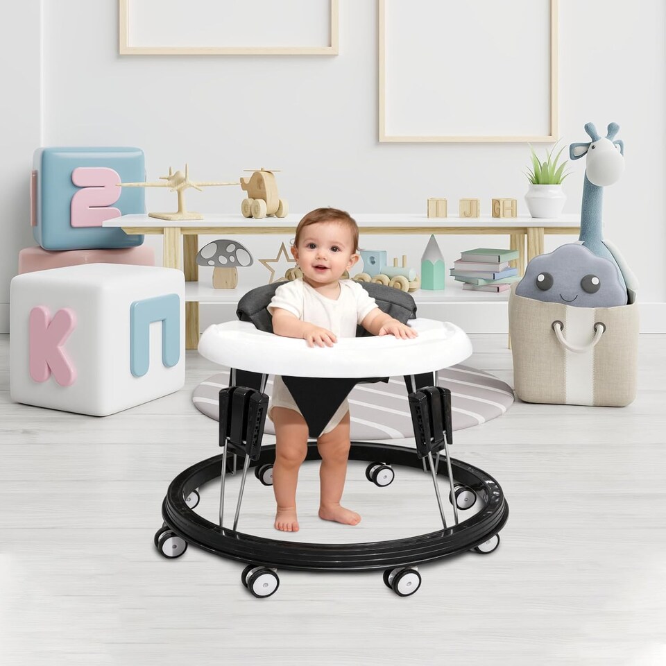 image 1 of Alivio Foldable Baby Walker with 9-Height Adjustment & 360° Safety (Black & White)