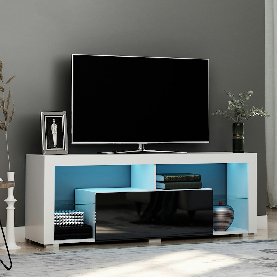 image 1 of HOMCOM 140cm TV Stand Cabinet High Gloss TV Stand Unit W/ LED RGB