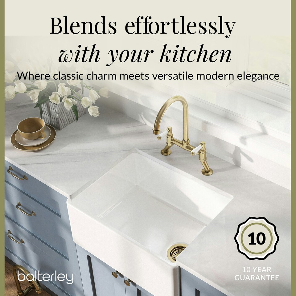 image 1 of Fireclay Kitchen Bundle - Single Bowl Belfast Sink, Strainer Waste & Bridge Lever Tap, 595mm - Brushed Brass - Balterley