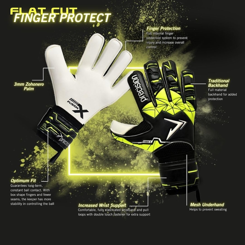 image 1 of Precision Training Fusion X Flat Cut Finger Protect Football Adult's Goalkeeper Gloves, Black, 9