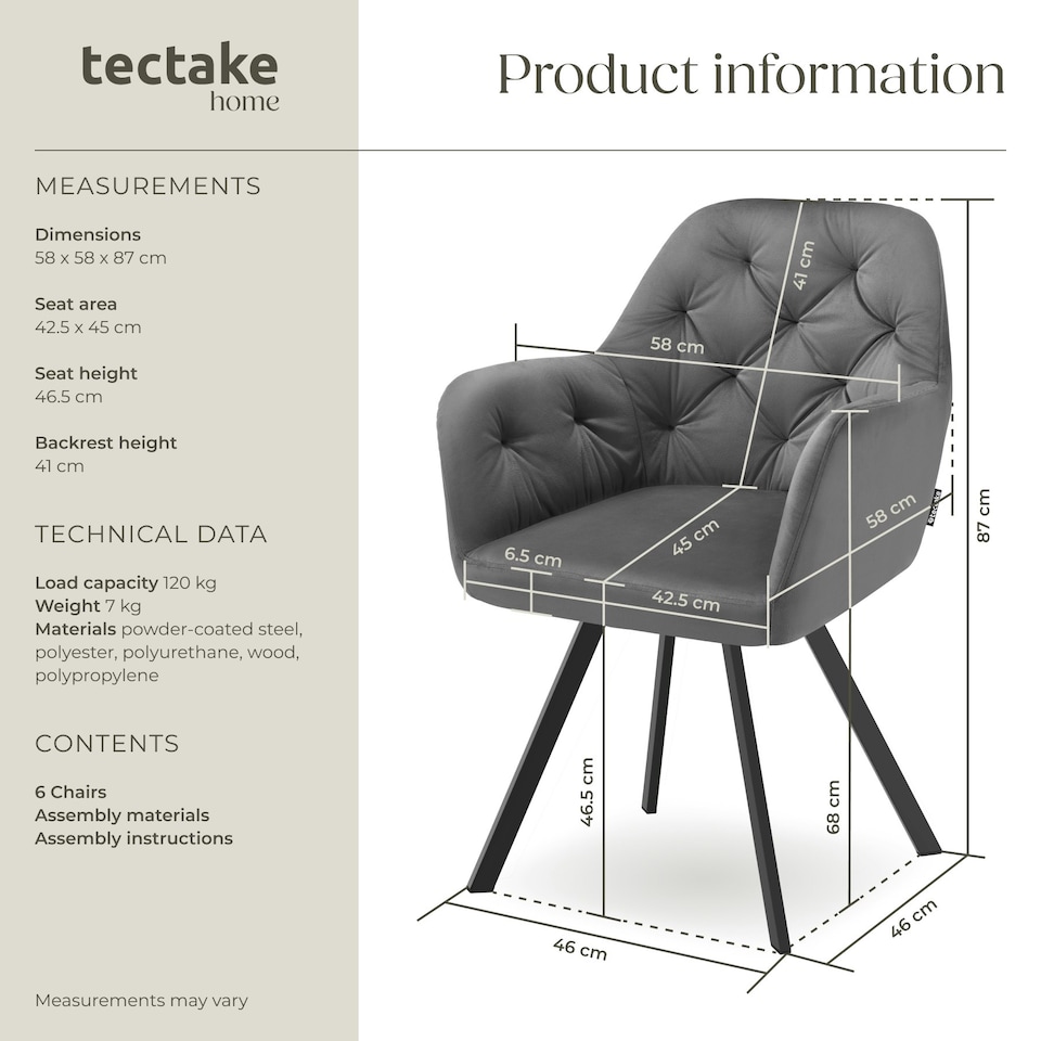 image 1 of Armchair Lucia - padded, quilted pattern, 180 degree swivel chair - Set of 6 Grey | Anthracite