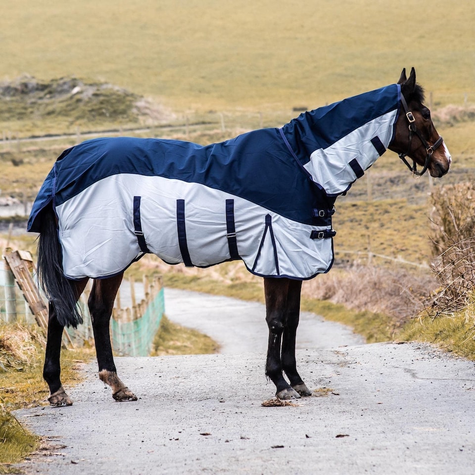image 1 of eQuitack 600D 2 in 1 Waterproof Fly Turnout Mesh Horse Rug Fixed Neck Navy/Silver 6'0''
