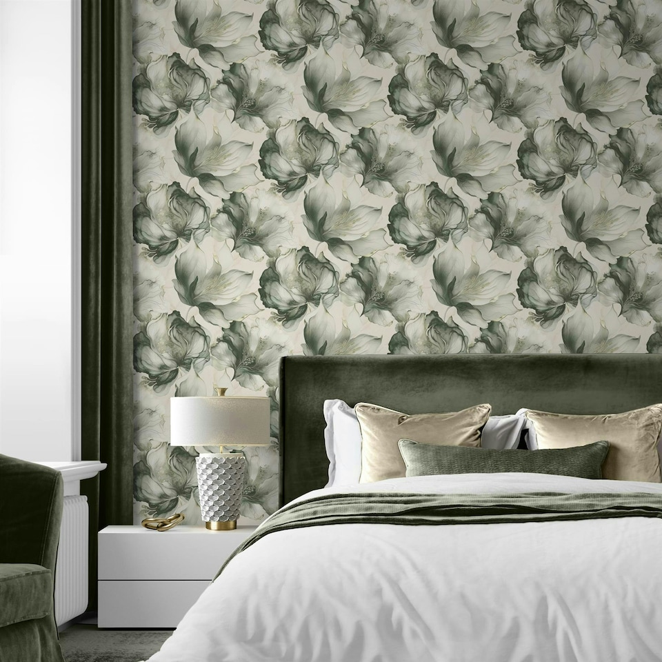 image 1 of Elysian Floral Green & Gold Wallpaper Green