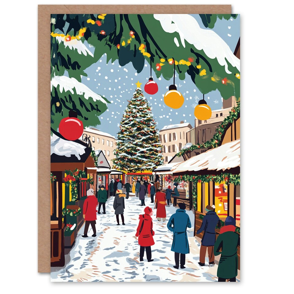 image 1 of Festive Holiday Market Decorated Tree Blank For Him Or Her Art Xmas Festive Christmas Card