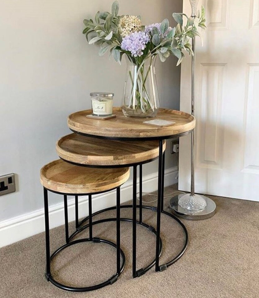 image 1 of Round Nest Of Three 3 Tables End Lamp Light Solid Mango Wood Black Metal Frame 57cm H x 54cm W x 54cm D