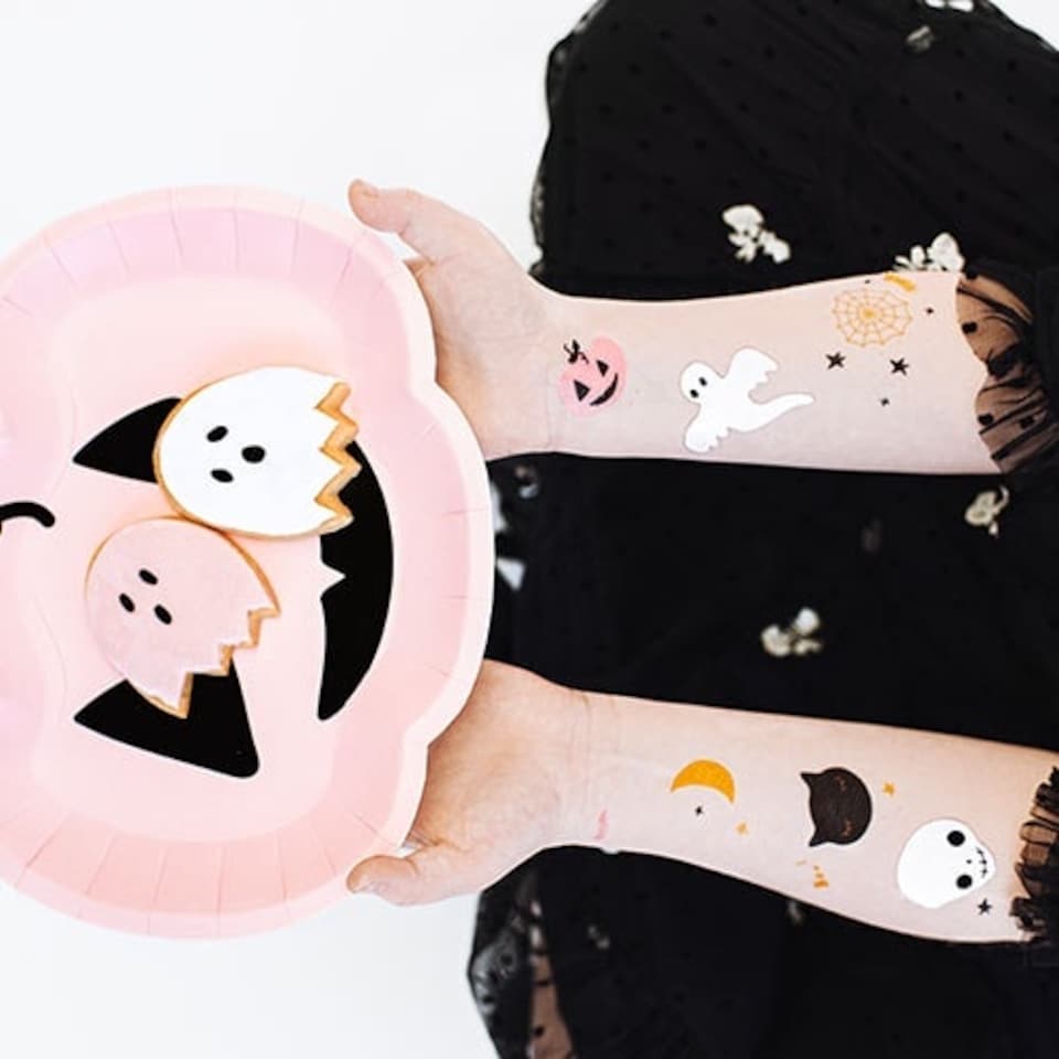 image 1 of Halloween Pink, Gold & Black Temporary Tattoo Sticker Sheet