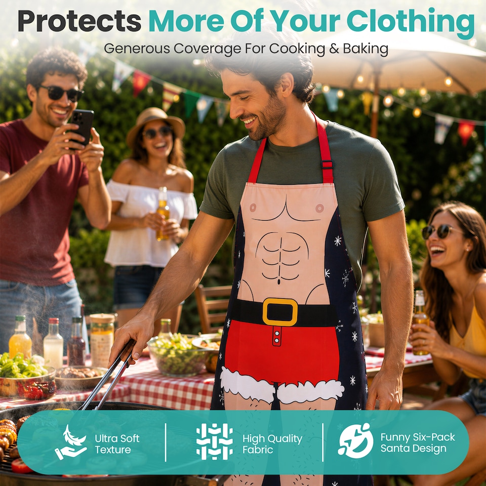 image 1 of Six Pack Santa Christmas Apron Funny Kitchen Apron - 75 x 60cm