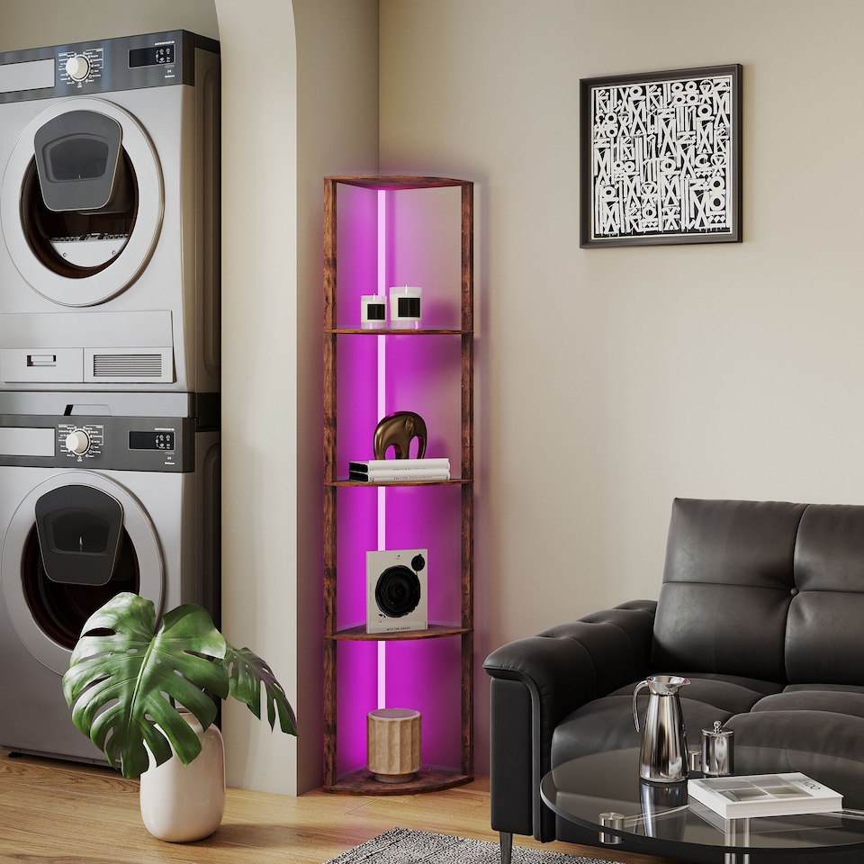 image 1 of HOMCOM RGB LED Floor Lamp with Shelves, 5-Tier Dimmable Standing Lamp with Adjustable Brightness and Remote Control, Modern Corner Display Shelf Unit for Living Room Bedroom Office, Rustic Brown | Brown