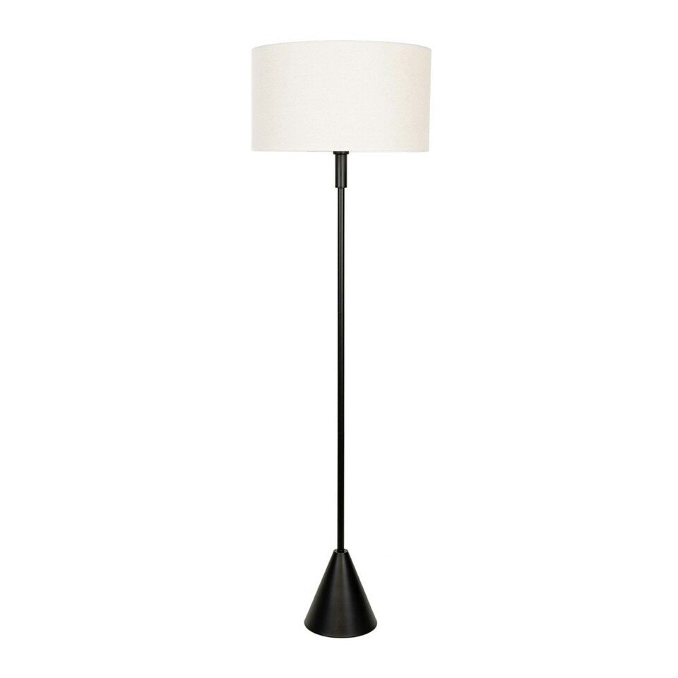 image 1 of ValueLights Mitch Natural Linen White Trim Lamp Shade Black Wood Triangle Floor Lamp & Bulb Black