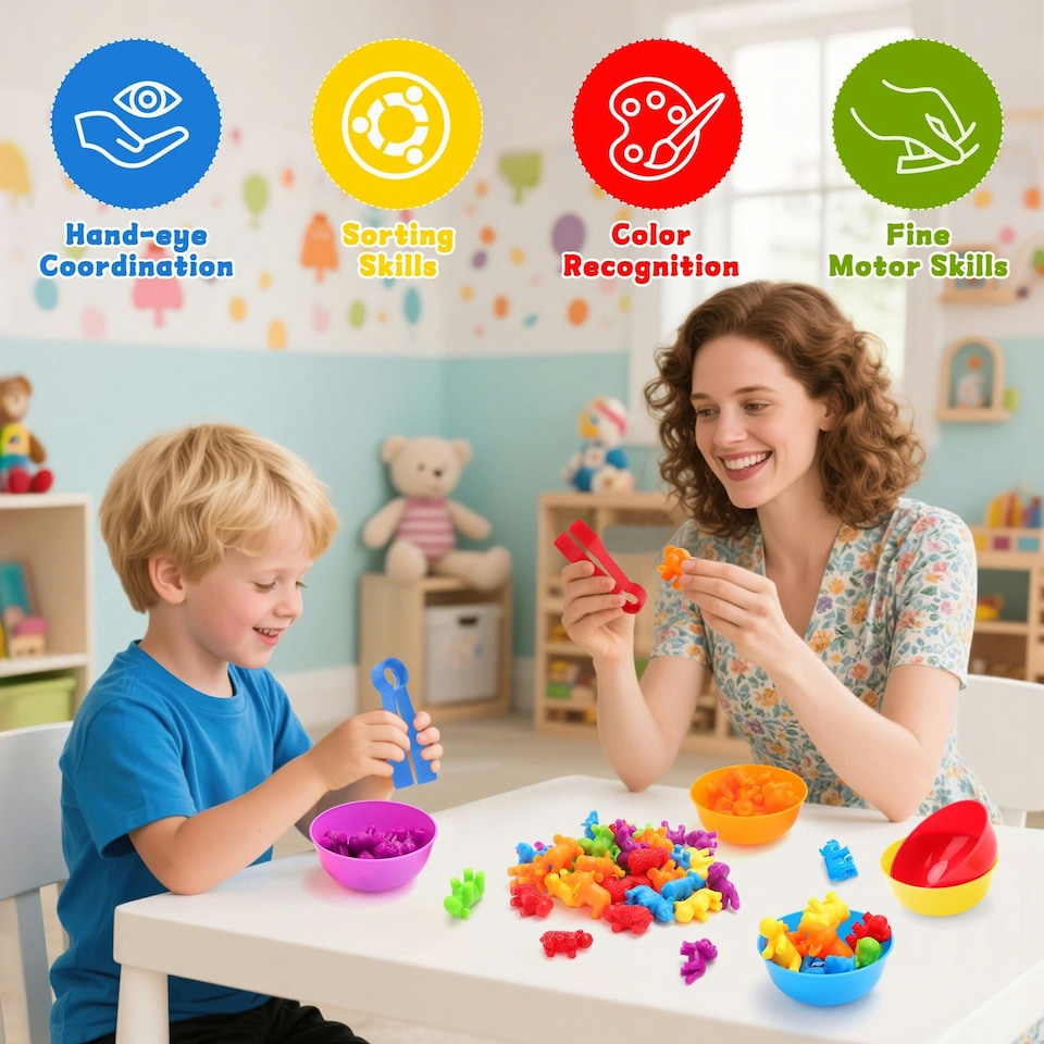 image 1 of Animal Counting Clip Game Colour Sorting Toys Bowl and Tweezers Montessori Toy
