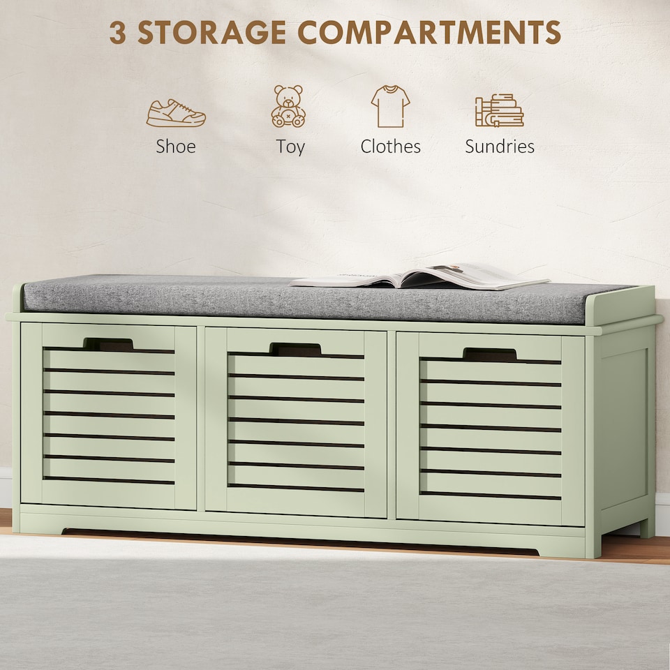 image 1 of HOMCOM 3-Door Shoe Storage Bench Cushion Seat Slatted Doors, Green | Green