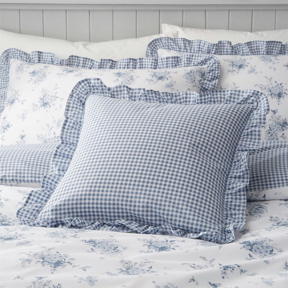 image 1 of Catherine Lansfield Lucie Floral Frill Blue Filled Cushion Blue | 45x45cm