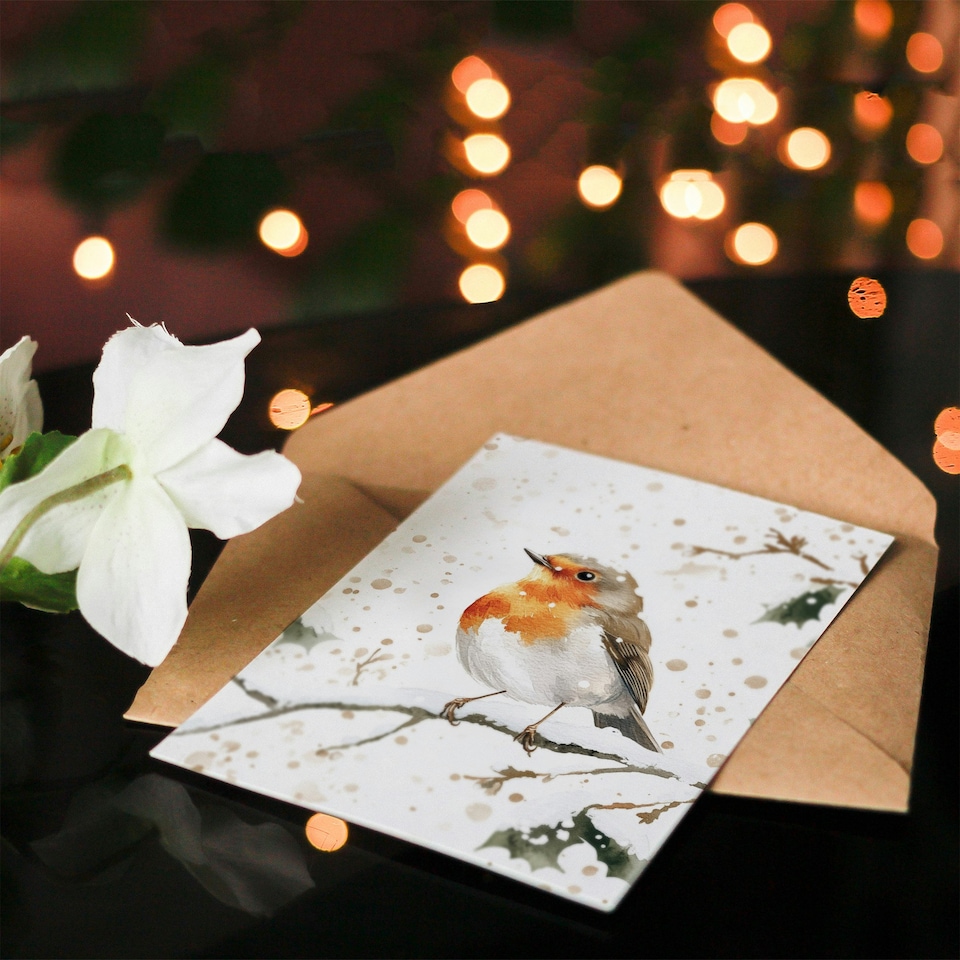 image 1 of Robin Bird Perched Snow Covered Branch Blank For Him Or Her Art Xmas Festive Christmas Card