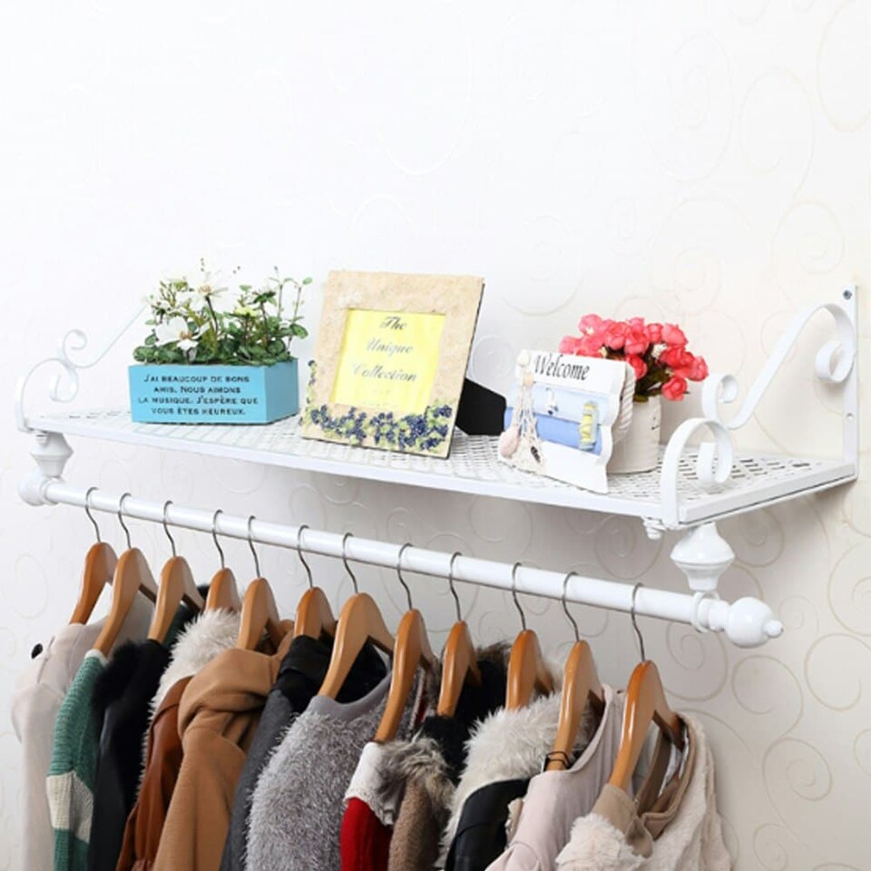 image 1 of Living and Home Wall Mounted Metal Clothes Display Rack - White