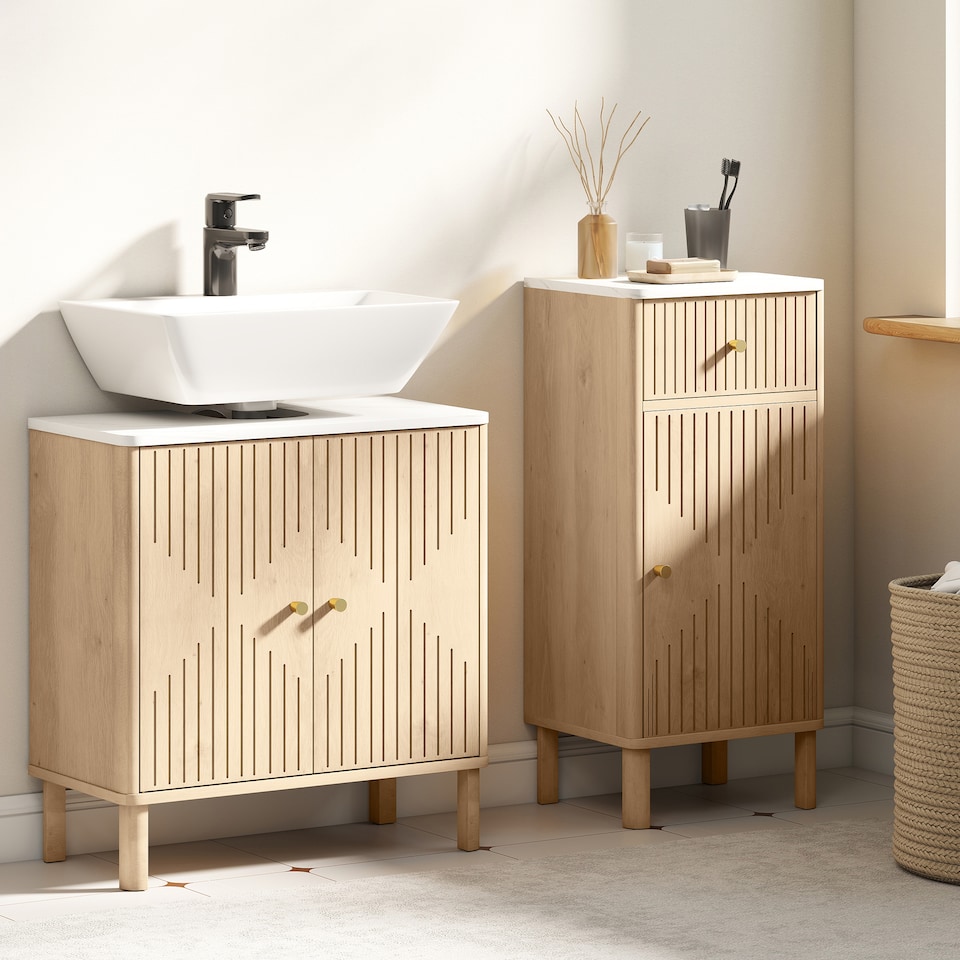 image 1 of HOMCOM Under Sink Bathroom Cabinet for Basin without or with Pedestal, Oak | White