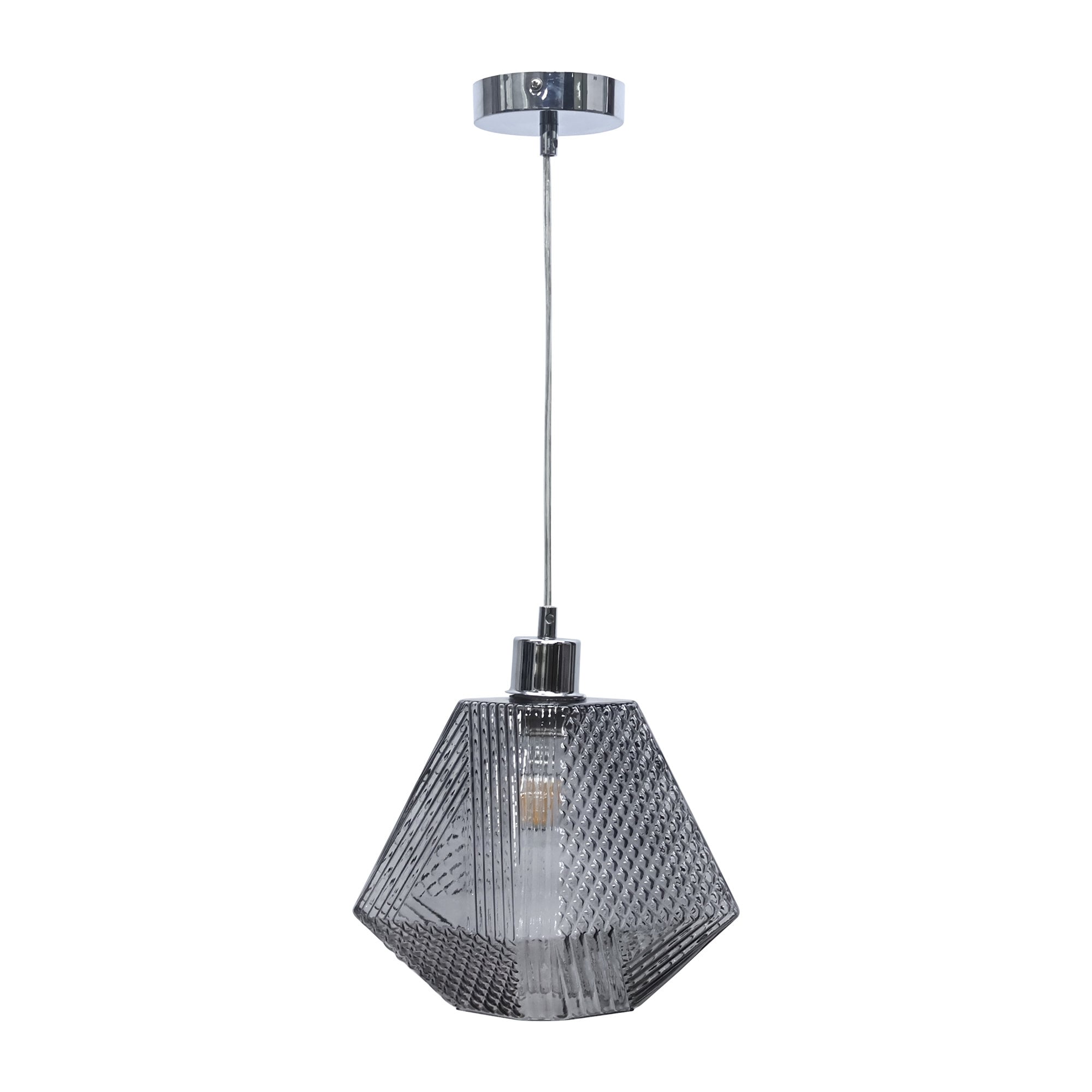 First Choice Lighting Lens Chrome with Smokey Textured Glass Pendant Light in Silver