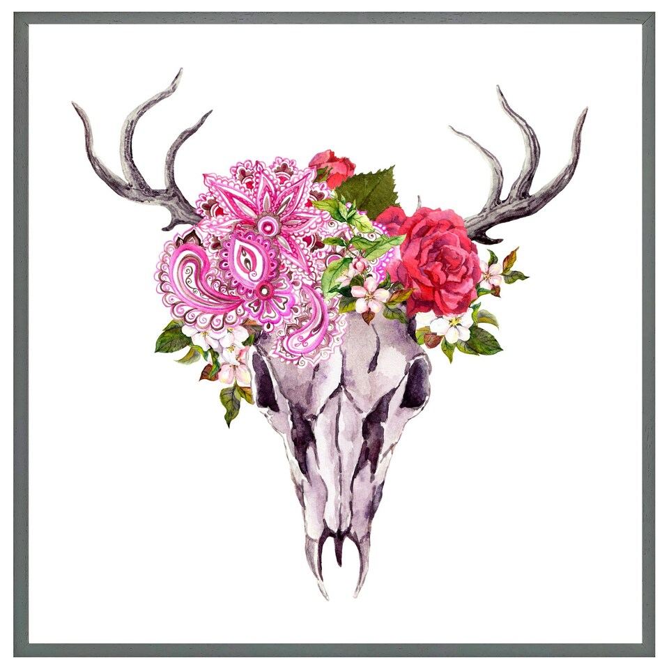 image 1 of Deer animal skull with flowers and feathers (Picutre Frame) Brown | Oak | M