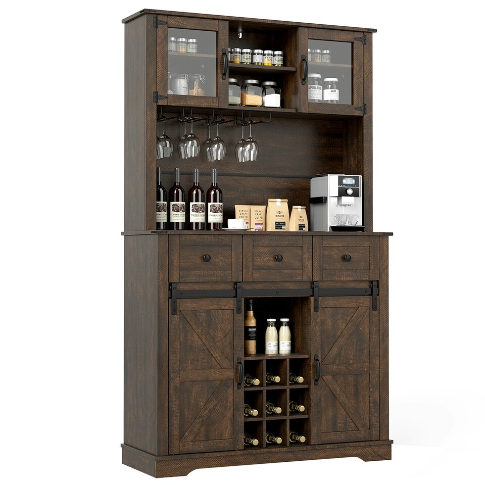 image 1 of COSTWAY 184cm Tall Kitchen Cupboard Buffet Storage Cabinet Brown