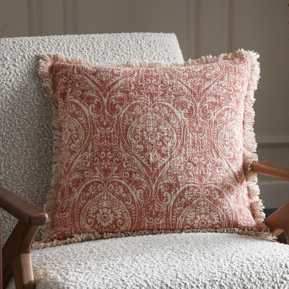 image 1 of Paoletti Durelle Damask Fringed Cushion, Coral, 50 x 50cm