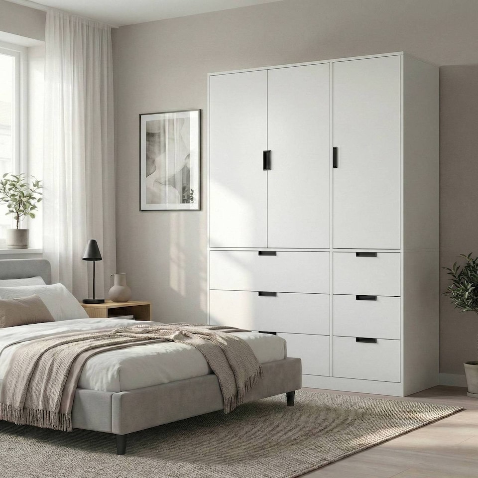image 1 of RIGA 3 Door 6 Drawer Wardrobe | White | White & White | 10 x 44.5 x 79 | 1