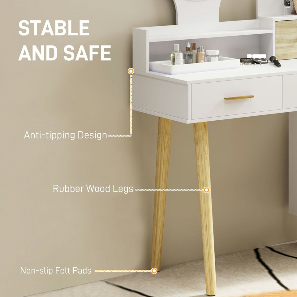 image 1 of HOMCOM Dressing Table with Mirror, Vanity Table with LED Lights, White