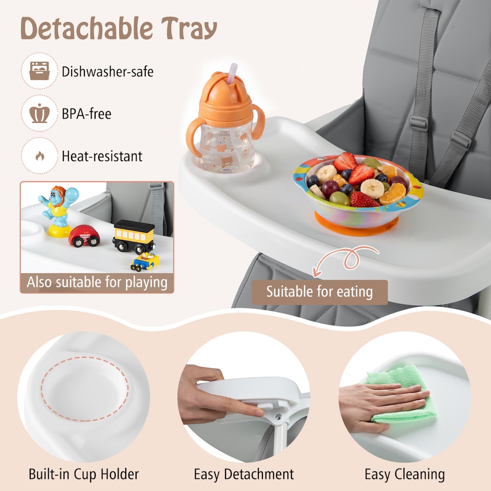 image 1 of COSTWAY Foldable High Chair Easy Clean Compact Highchair with Tray