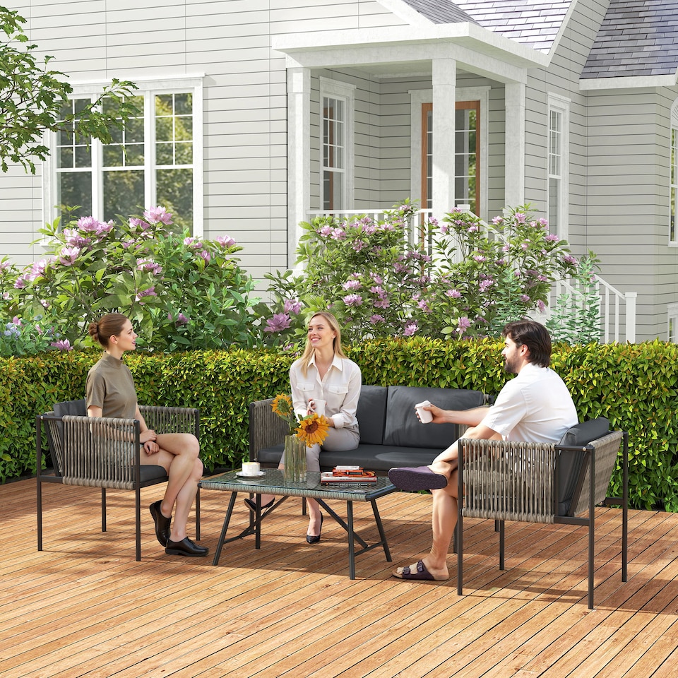 image 1 of Outsunny 4 Piece Rattan Garden Furniture Set, 4 Seater Wicker Outdoor Furniture Set with 2 Armchairs, Loveseat, Glass Top Coffee Table and Cushions for Balcony, Porch, Grey