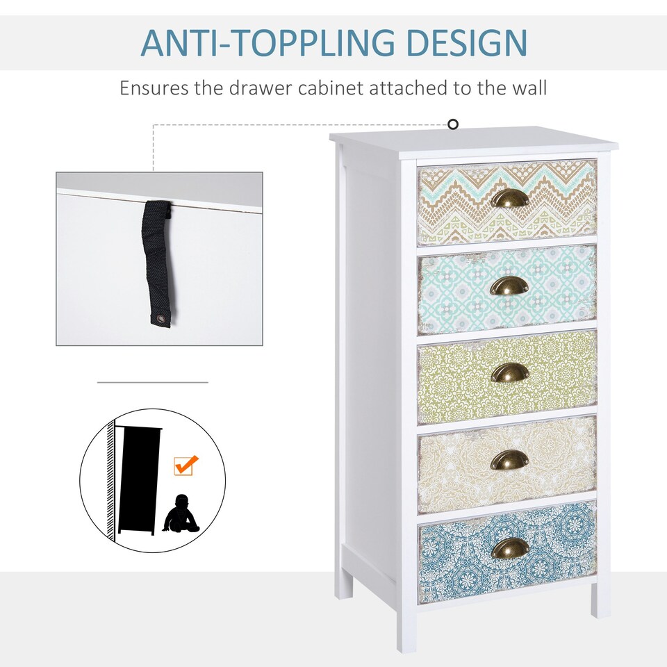 image 1 of HOMCOM Storage Chest Unit Dresser 5 Drawer Retro Style Wood White Entryway