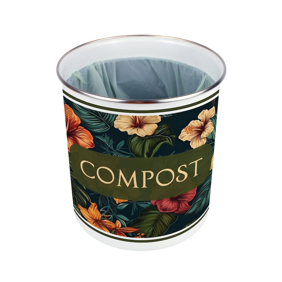 image 1 of Dark Hibiscus Compost Caddy - Metal 2L Decorative Kitchen Food Waste Bin