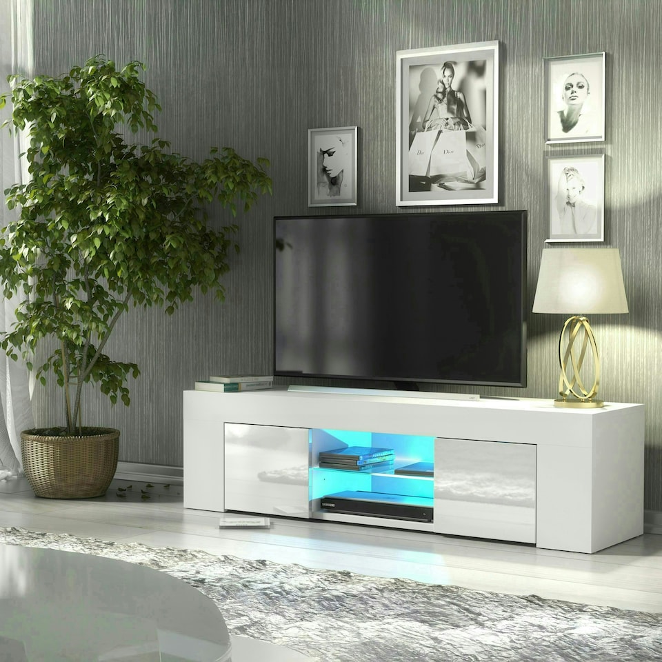 image 1 of TV Unit 130cm White Gloss Doors White Matt Body Modern Cabinet White