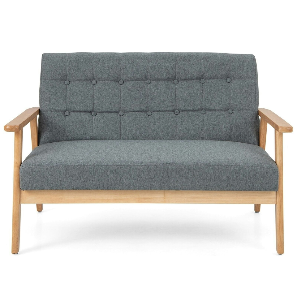 image 1 of COSTWAY Wooden 2-Seater Loveseat Upholstered Lounge Chair Grey
