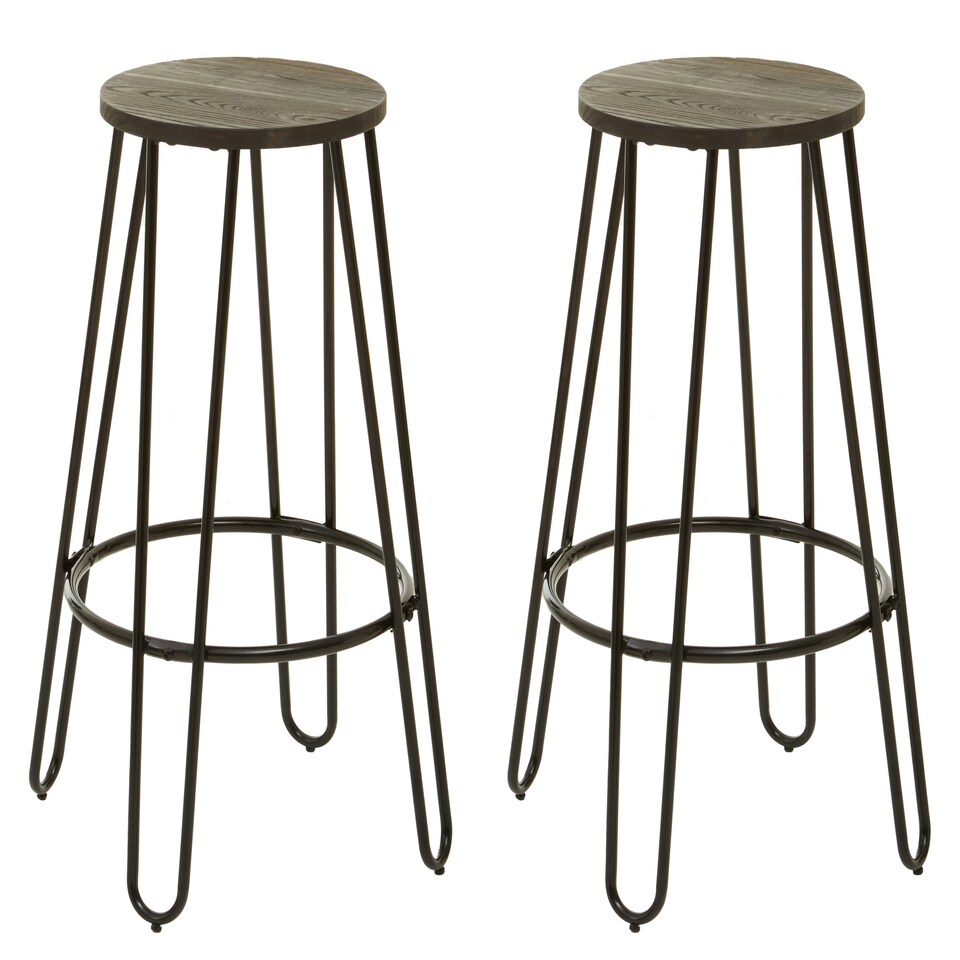 image 1 of Interiors by Premier Set of 3 Black Frame Bar Table Stool Set , Hairpin Stool for Kitchen Counter, Elm Wood Metal Frame Stool