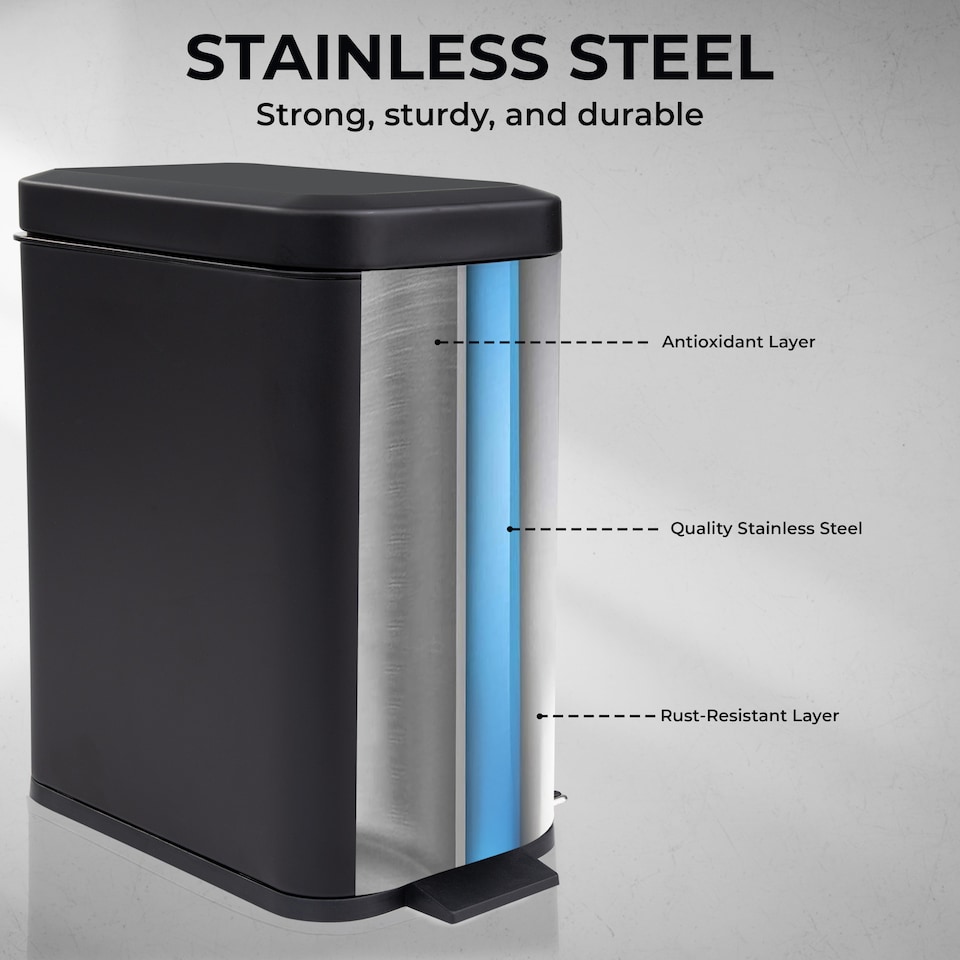 image 1 of 5L BATHROOM SLIM KITCHEN PEDAL RECTANGULAR BIN WASTE WITH SOFT CLOSING LID BLACK | Black