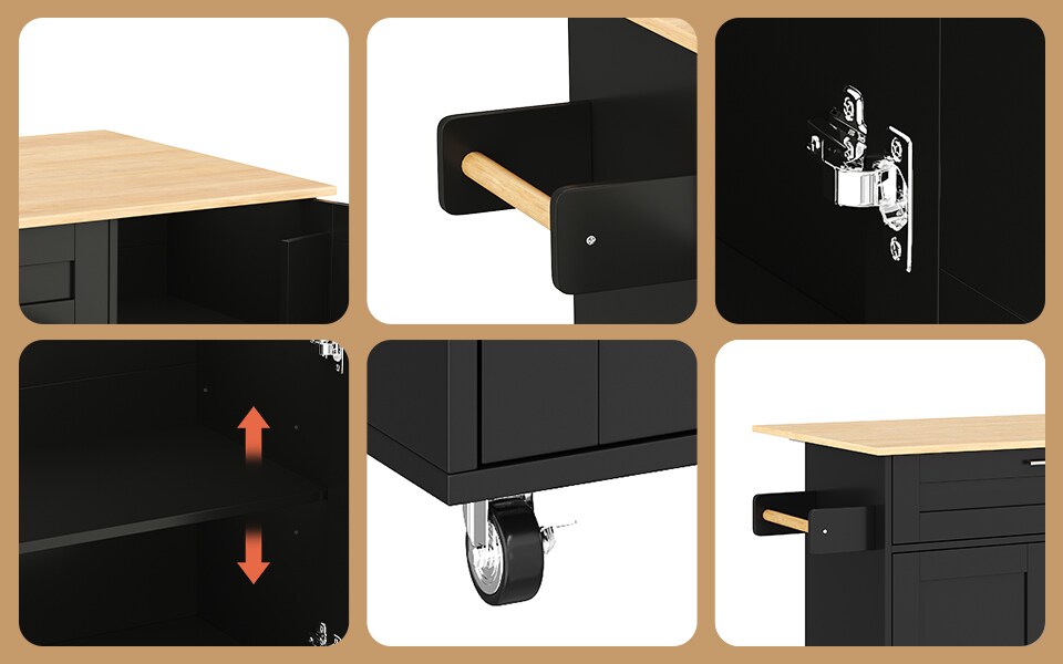 image 1 of VILUXE Mobile Kitchen Island with Foldable Worktop, Drawer, Adjustable Cabinets, 3 Door Spice Racks, Towel Rail and 5 Wheels, Black and Natural Wood