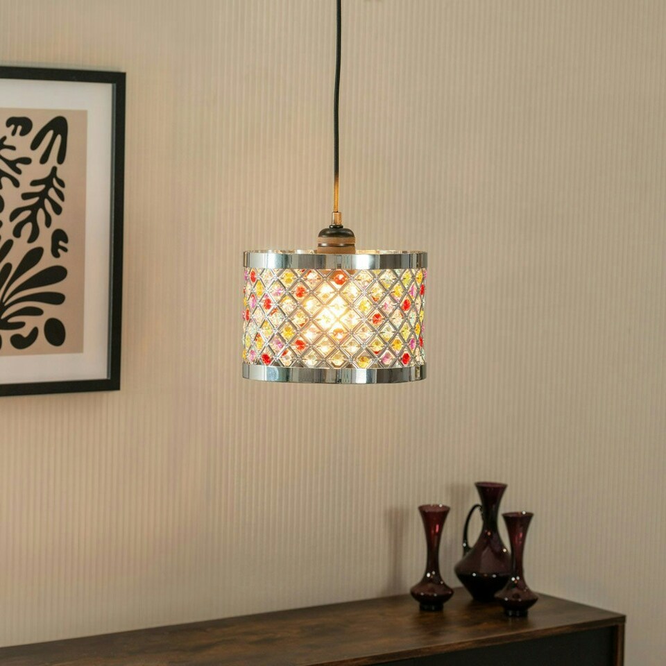 image 1 of ValueLights Hadley Multi Colour Easy Fit Metal Cut Out Acrylic Jewel Drum Ceiling Light Shade - Bulb Included
