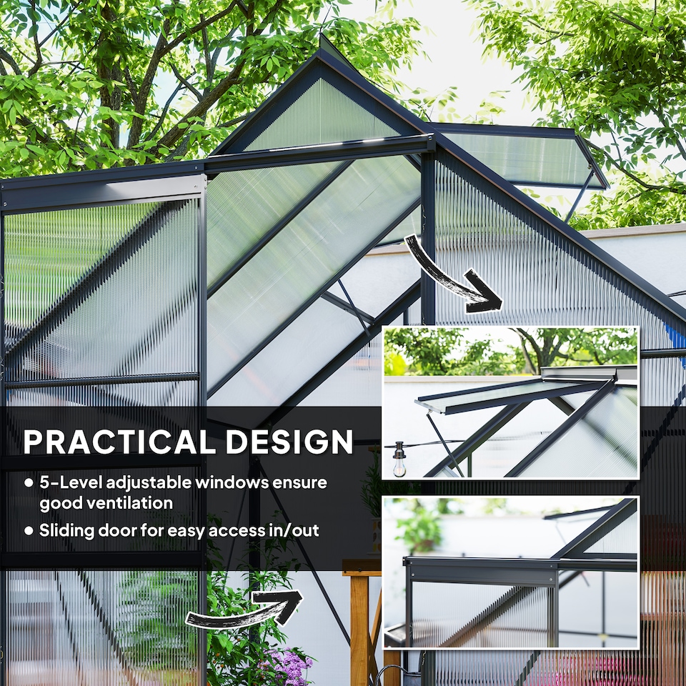 image 1 of Outsunny Polycarbonate Walk-in Garden Greenhouse w/ Sliding Door Grey | Grey | Grey, Clear | 1