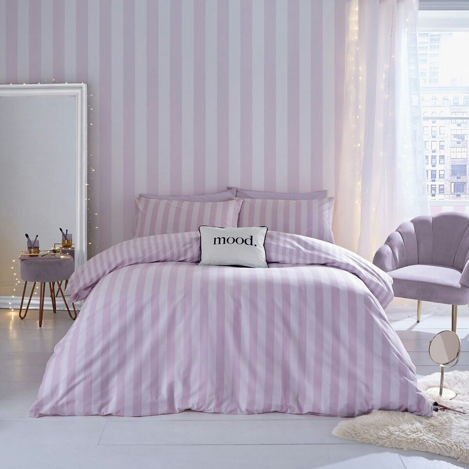 image 1 of Muriva Sassy B Stripe Tease Wallpaper - Lilac/White - 10.05m x 53cm Purple