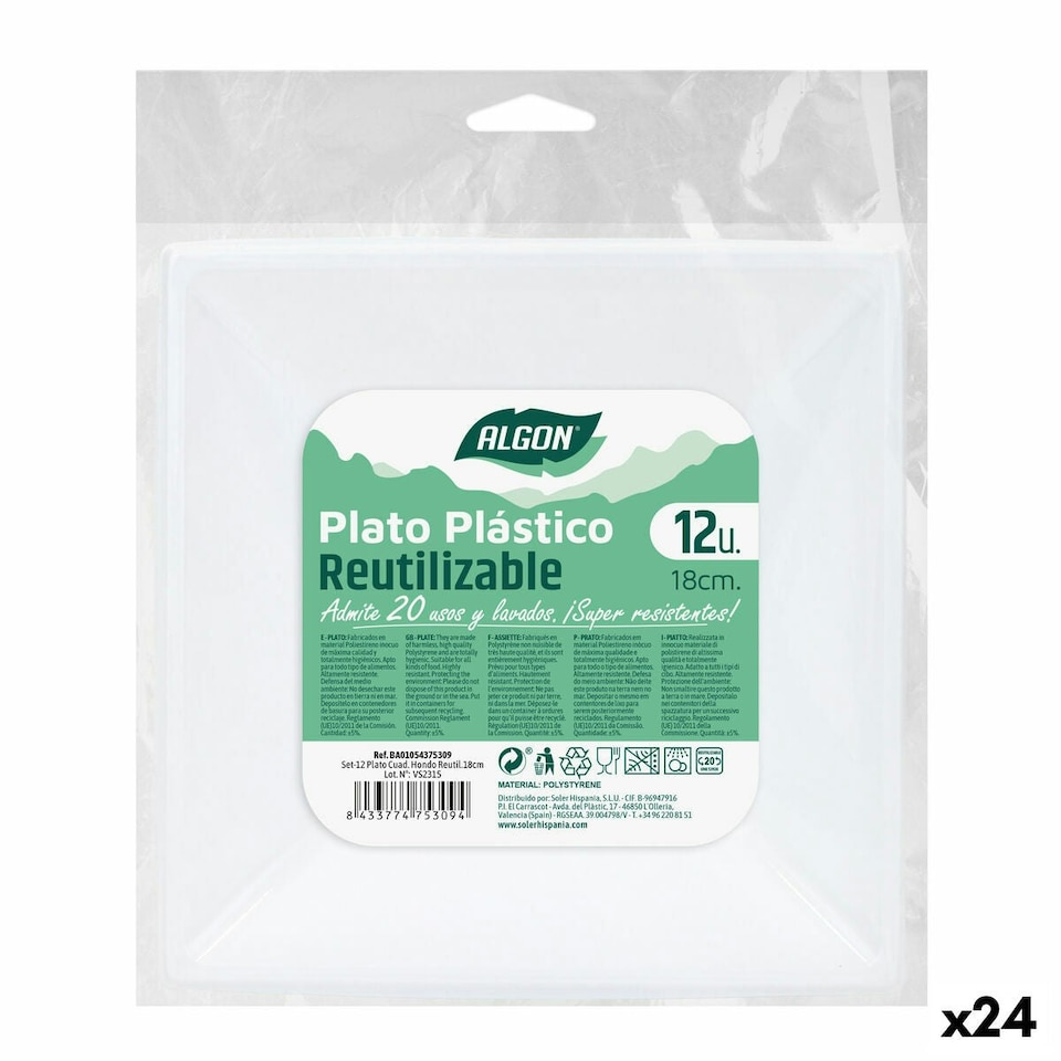 image 1 of Set of reusable plates Algon Squared White Plastic 18 x 18 x 4 cm (24 Units) N/A