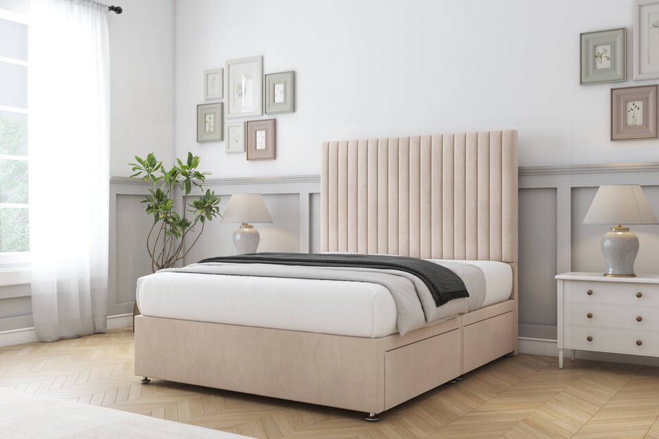 image 1 of Sloomy Manhattan Sand Naples Divan Bed Base No Drawers With 26 Inch Strutted Headboard | Cream | Sand | Small Single | 1