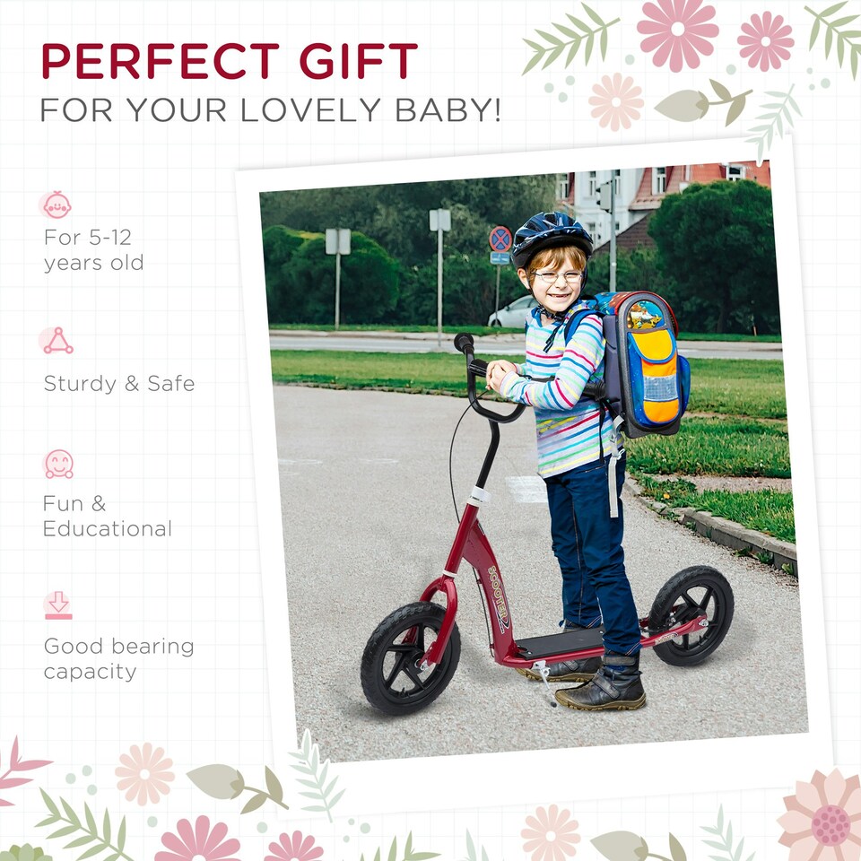 image 1 of HOMCOM Push Scooter, Teen Kids Scooter with 12" EVA Tyres, Red