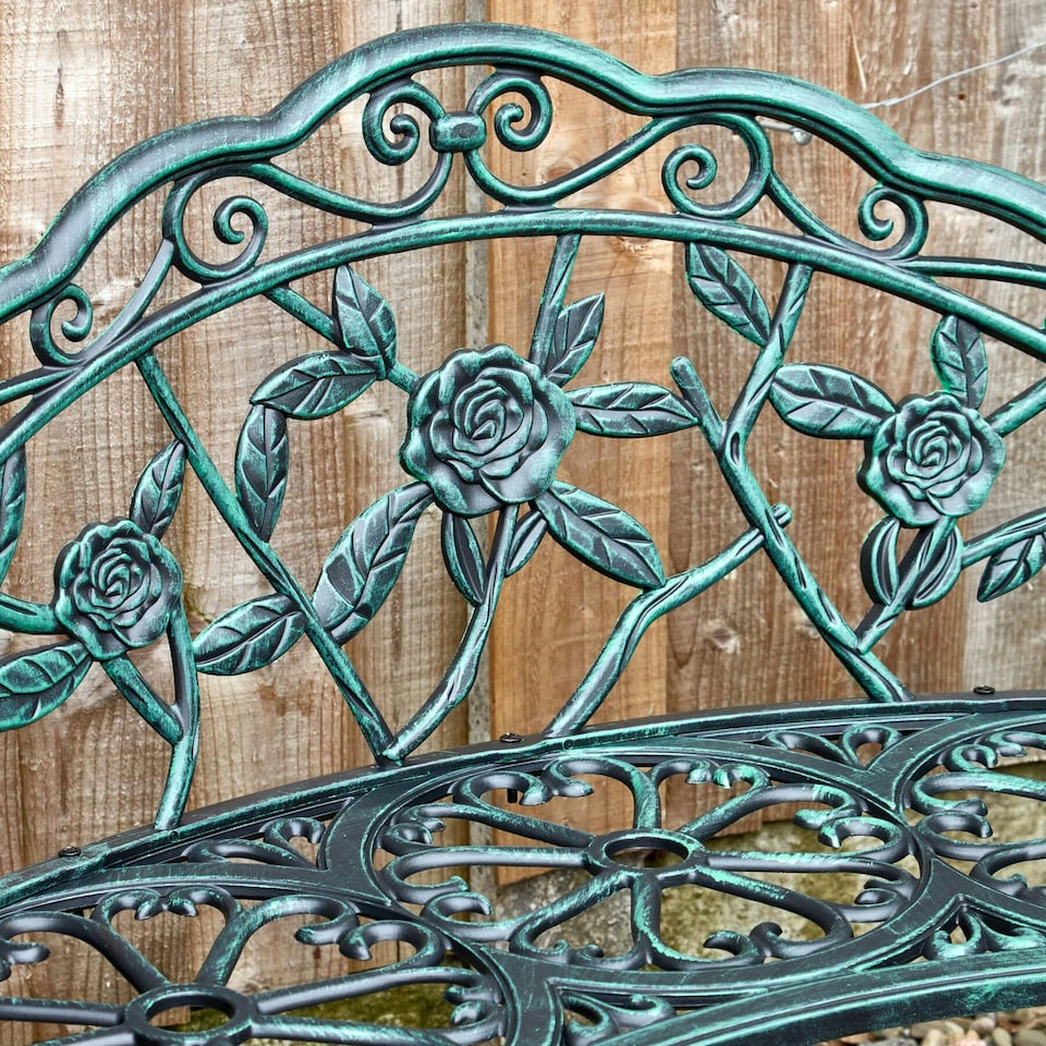 image 1 of Cast Aluminium Garden Bench Metal Frame 2 Seater Patio Chair Outdoor Seating Green