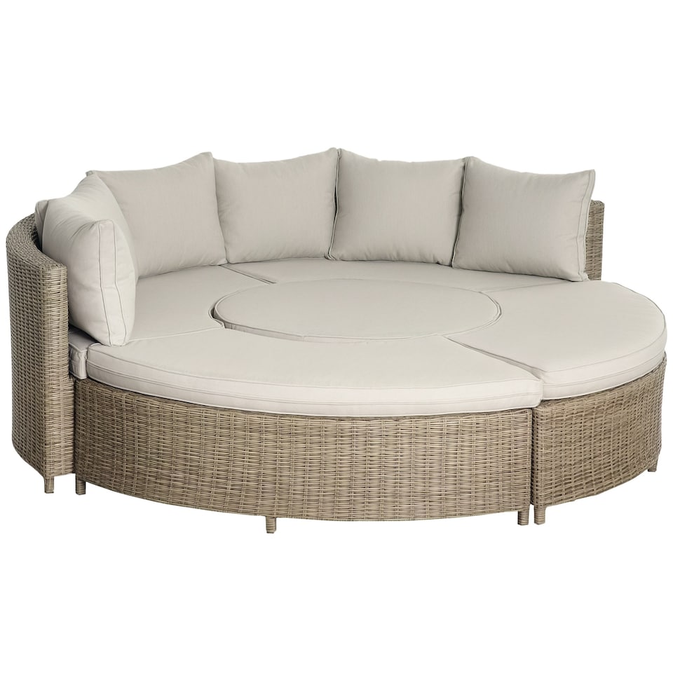 image 1 of Outsunny 5 PCs Outdoor Rattan Lounge Chair Round Daybed Table Set w/ Cushion