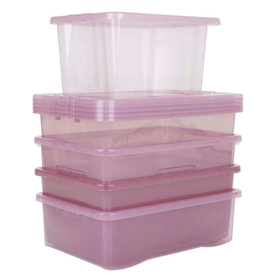 image 1 of Wham Crystal 5 x Multisize Stackable Plastic Storage Boxes with Lids Tint Dusky Orchid Pink
