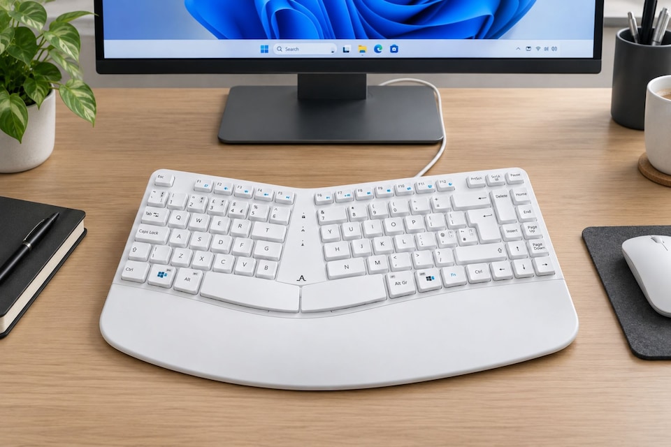 image 1 of Accuratus Contour Keyboard PC and Mac - USB-A and USB-C Sculptured Ergonomic Split Key Multimedia Keyboard with Reverse Tilt - White